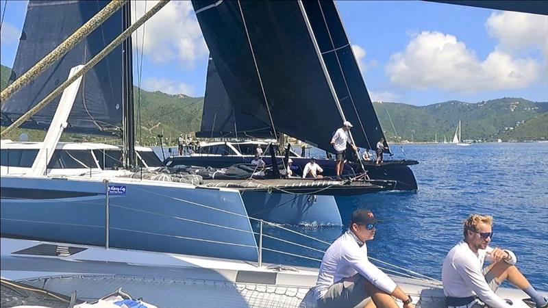 Tight start between the trio of maxi cats at the BVI Spring Regatta & Sailing Festival - photo © Helena Darvelid / Allegra